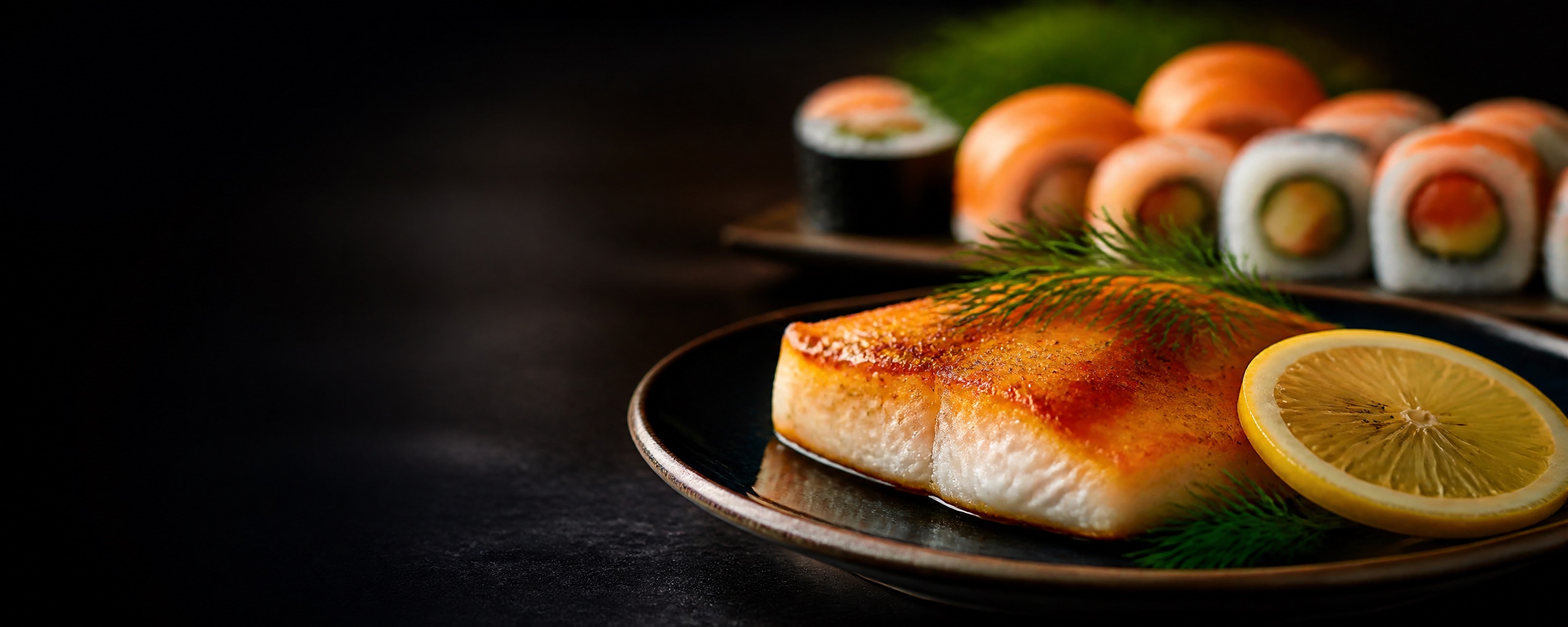 Gebratenes Fischfilet mit Zitrone, daneben frische Sushi